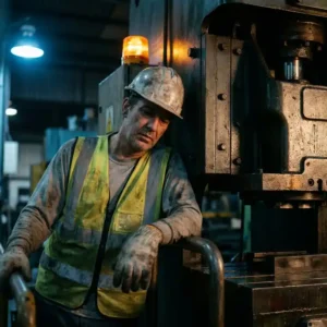 Erschöpfter Industriearbeiter mit Schutzhelm und Warnweste lehnt nachts an schwerer Maschine in einer Fabrikhalle.