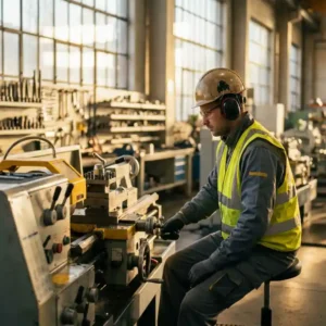 Helm tragender Industriearbeiter bedient schwere Maschinen in einer organisierten Fabrikhalle mit warmem Licht.