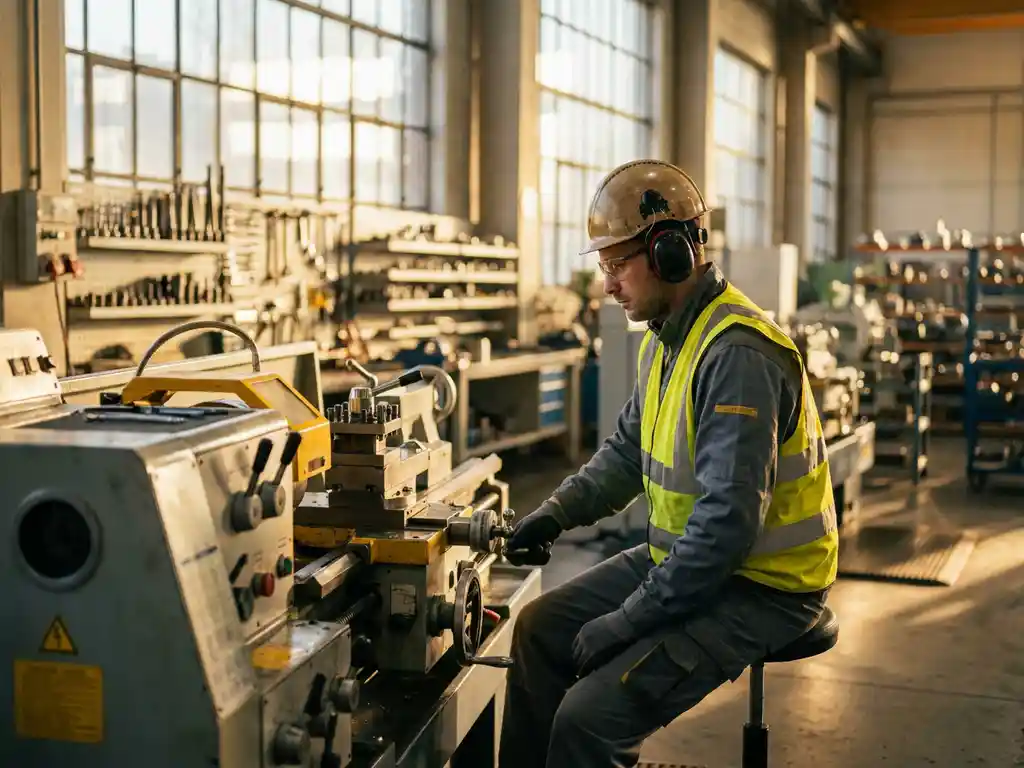 Helm tragender Industriearbeiter bedient schwere Maschinen in einer organisierten Fabrikhalle mit warmem Licht.