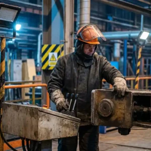Industriearbeiter in Schutzausrüstung bedient Kontrollpanel schwerer Maschinen in einer Fabrikhalle mit Warnschildern im Hintergrund.