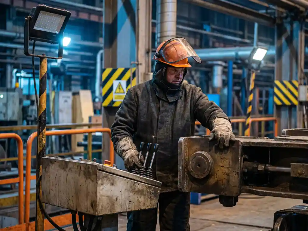 Industriearbeiter in Schutzausrüstung bedient Kontrollpanel schwerer Maschinen in einer Fabrikhalle mit Warnschildern im Hintergrund.
