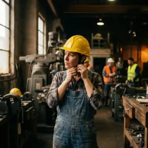 Arbeiter setzt gelben Schutzhelm auf vor Betreten der Fabrikhalle, Werkbänke und Industriemaschinen im Hintergrund.