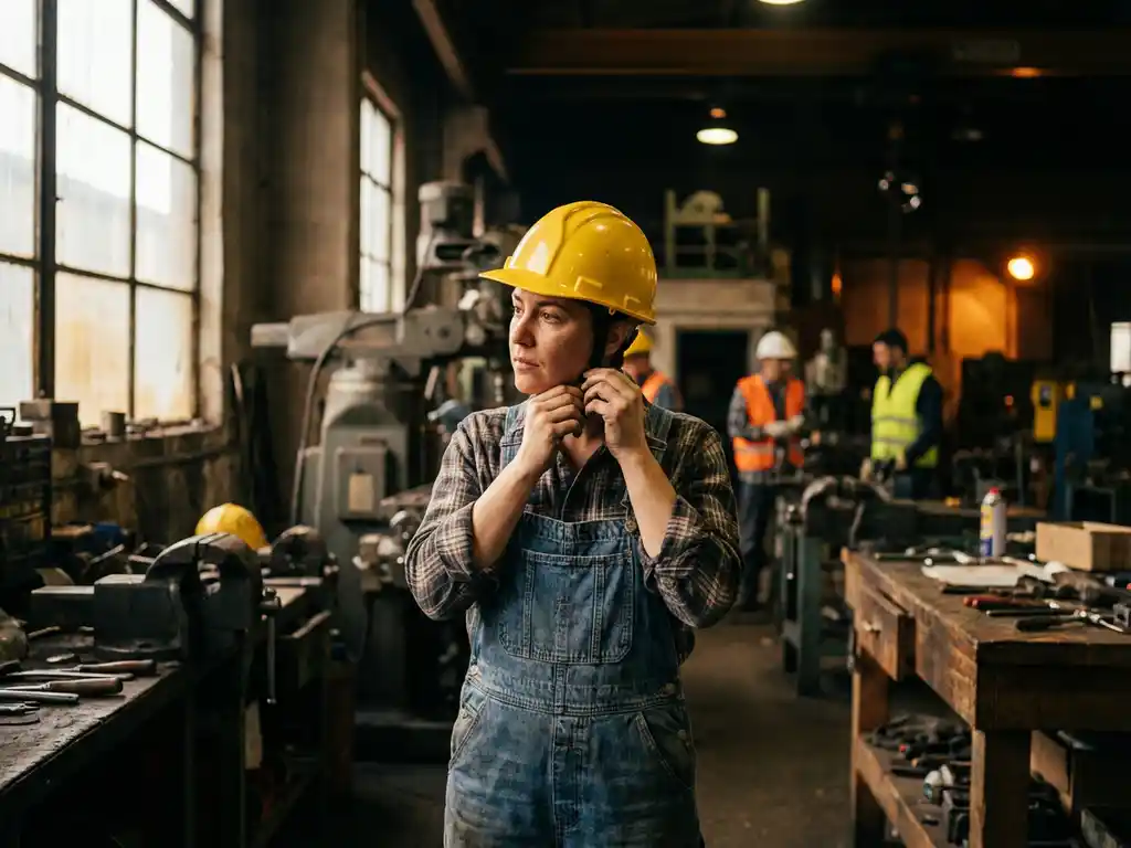 Arbeiter setzt gelben Schutzhelm auf vor Betreten der Fabrikhalle, Werkbänke und Industriemaschinen im Hintergrund.