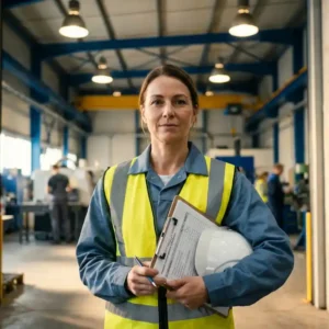 Selbstbewusster Industriearbeiter mit Sicherheitsweste und Klemmbrett am Eingang einer modernen Fabrikhalle.