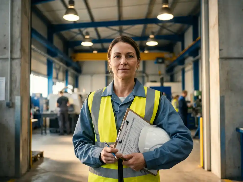 Selbstbewusster Industriearbeiter mit Sicherheitsweste und Klemmbrett am Eingang einer modernen Fabrikhalle.