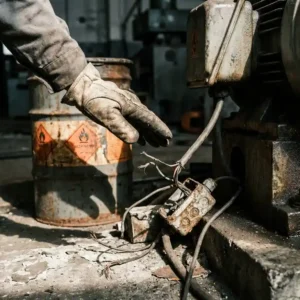 Behandschuhte Arbeiterhand nahe freiliegenden Kabeln, Maschinen und Chemikalienbehältern auf einem Fabrikboden mit Sicherheitsrisiken.