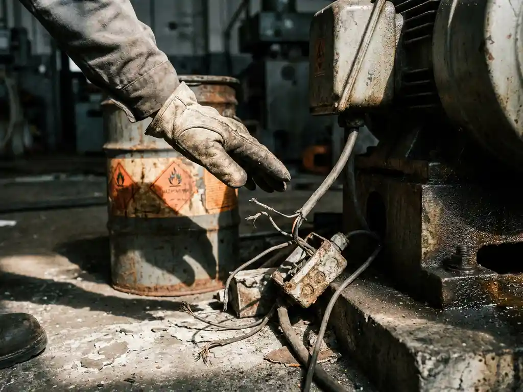 Behandschuhte Arbeiterhand nahe freiliegenden Kabeln, Maschinen und Chemikalienbehältern auf einem Fabrikboden mit Sicherheitsrisiken.
