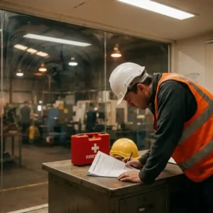 Arbeiter in Warnweste und Schutzhelm füllt Unfallbericht aus; Erste-Hilfe-Kasten und Helm auf dem Schreibtisch, Fabrikhalle im Hintergrund.