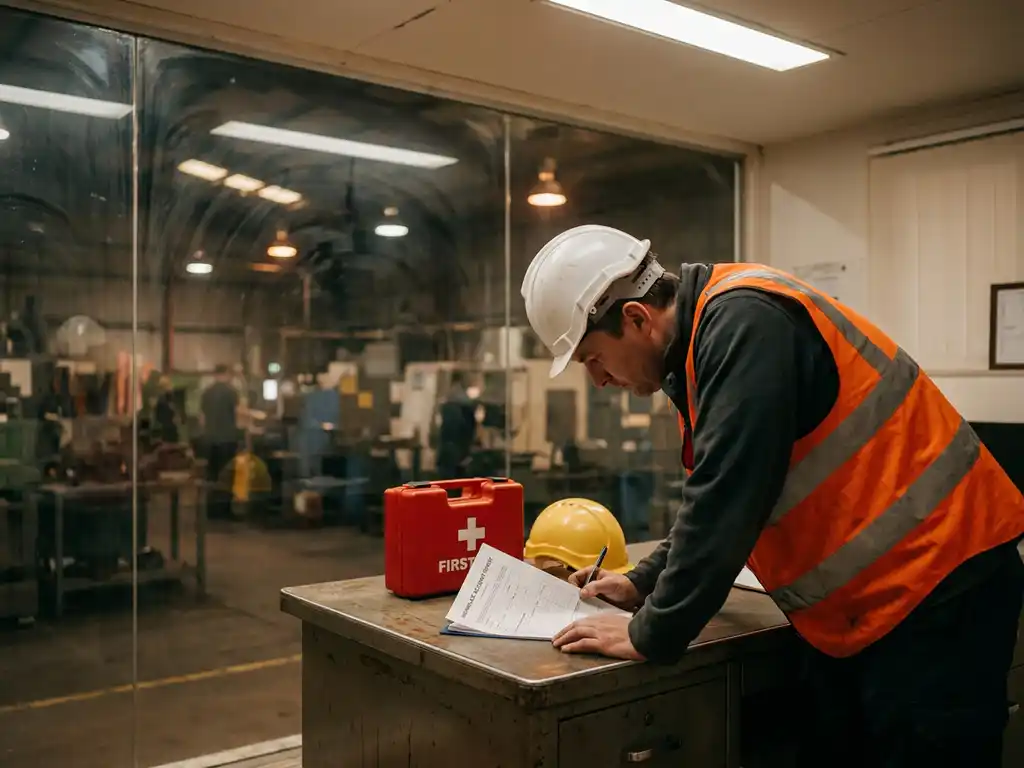 Arbeiter in Warnweste und Schutzhelm füllt Unfallbericht aus; Erste-Hilfe-Kasten und Helm auf dem Schreibtisch, Fabrikhalle im Hintergrund.