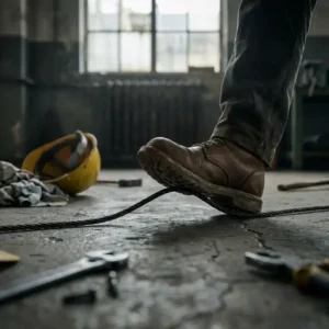 Arbeitsschuh verfängt sich in losem Kabel auf Industrieboden, umgefallener Schutzhelm und Werkzeug im Hintergrund, Warnung vor Stolpergefahr.
