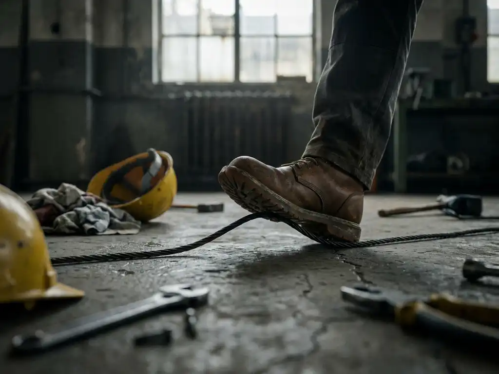 Arbeitsschuh verfängt sich in losem Kabel auf Industrieboden, umgefallener Schutzhelm und Werkzeug im Hintergrund, Warnung vor Stolpergefahr.