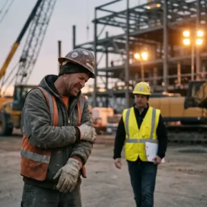 Bauarbeiter hält schmerzend seinen Unterarm auf einer Industriebaustelle, während ein Sicherheitsbeauftragter mit Klemmbrett und Warnweste hinzukommt.