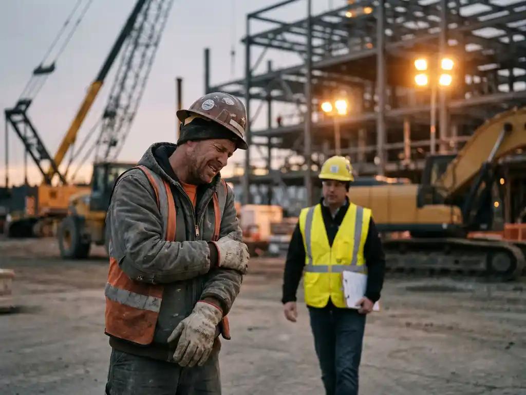 Bauarbeiter hält schmerzend seinen Unterarm auf einer Industriebaustelle, während ein Sicherheitsbeauftragter mit Klemmbrett und Warnweste hinzukommt.