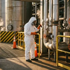 Chemiearbeiter in weißem Schutzanzug und Atemschutzmaske prüft Industrierohre in einer aktiven Raffinerie.