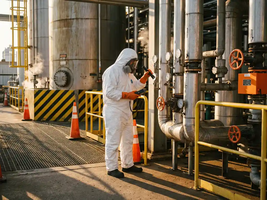 Chemiearbeiter in weißem Schutzanzug und Atemschutzmaske prüft Industrierohre in einer aktiven Raffinerie.