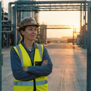 Fachkraft mit Schutzhelm und Warnweste am Eingang einer Industrieanlage im goldenen Abendlicht.