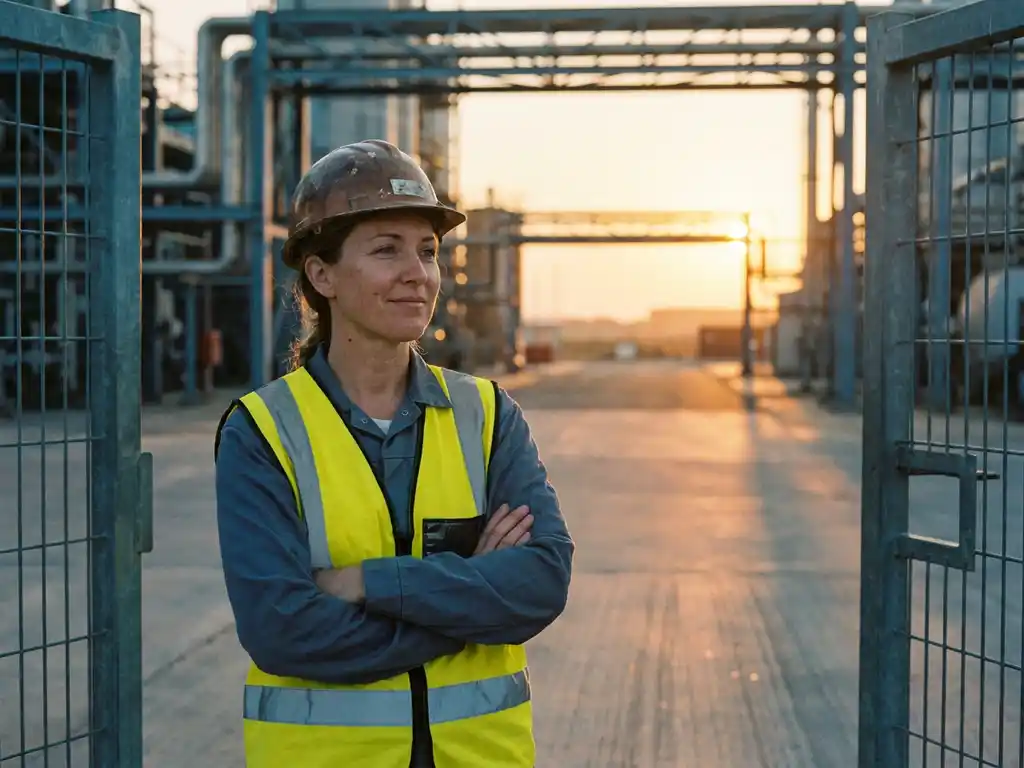 Fachkraft mit Schutzhelm und Warnweste am Eingang einer Industrieanlage im goldenen Abendlicht.