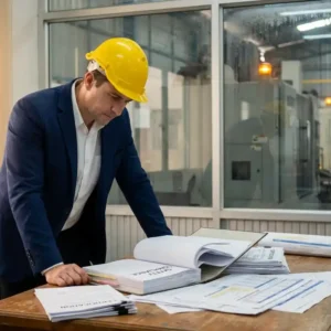 Führungskraft mit Schutzhelm prüft Compliance-Unterlagen an Industrieanlage, Sicherheitsdokumente auf dem Schreibtisch, Fabrikhalle im Hintergrund.