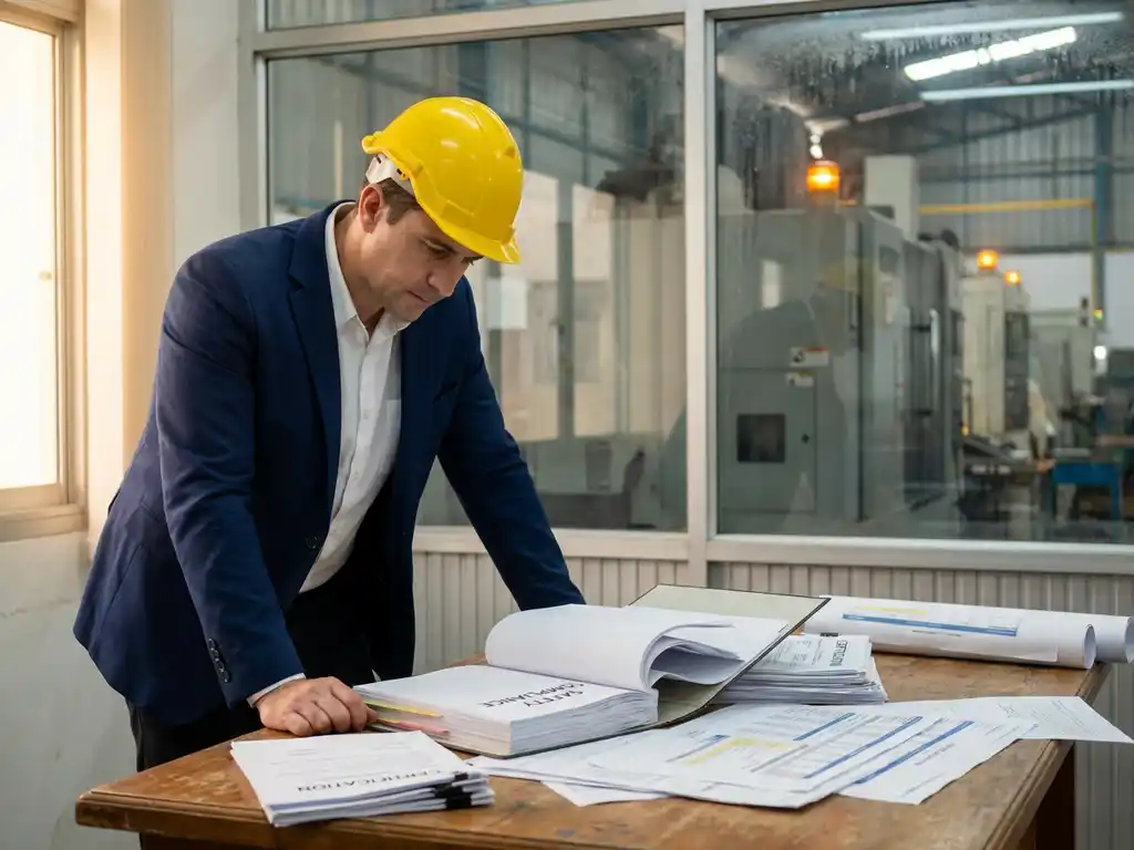 Führungskraft mit Schutzhelm prüft Compliance-Unterlagen an Industrieanlage, Sicherheitsdokumente auf dem Schreibtisch, Fabrikhalle im Hintergrund.