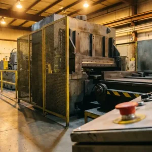Schwere Industriemaschine mit gelben Schutzabdeckungen und rotem Not-Aus-Schalter auf sauberem Fabrikboden.