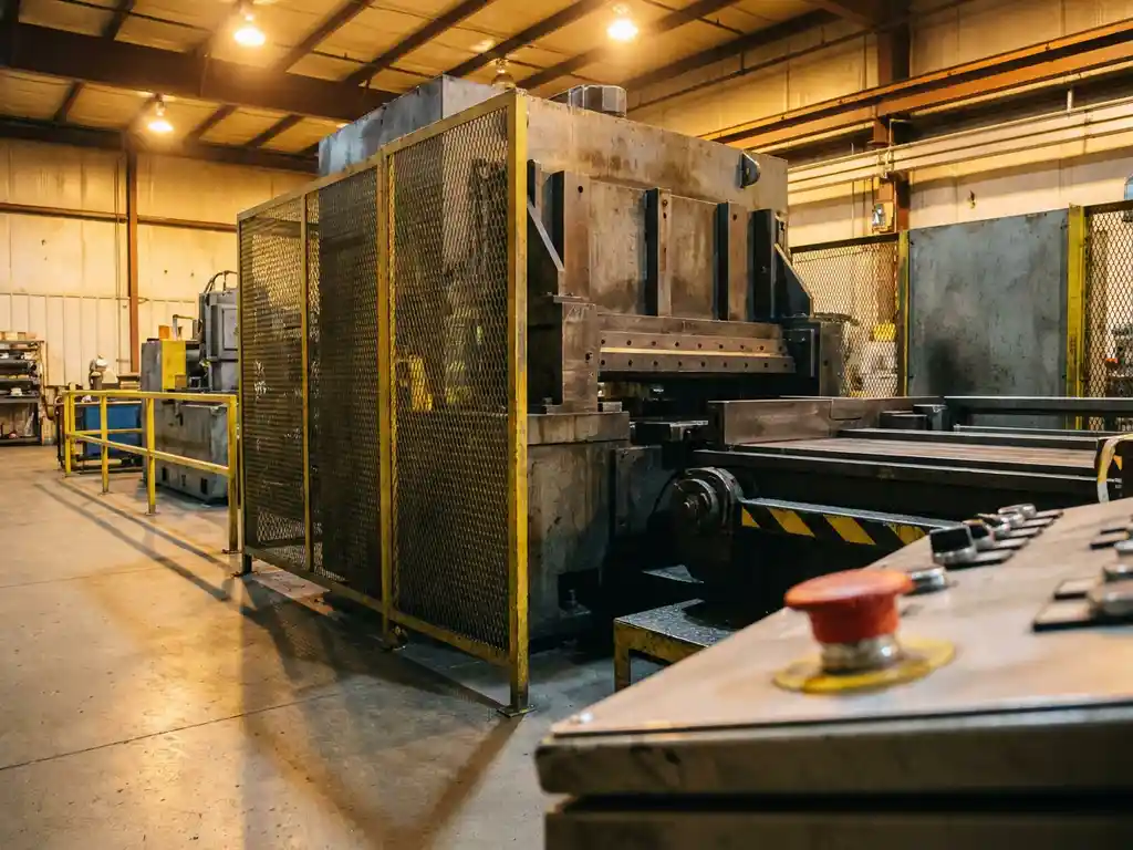 Schwere Industriemaschine mit gelben Schutzabdeckungen und rotem Not-Aus-Schalter auf sauberem Fabrikboden.