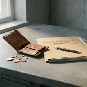 Aufgeklapptes, abgenutztes Lederportemonnaie neben Risikobeurteilungs-Dokument, Stift und Euromünzen auf Industrietisch.