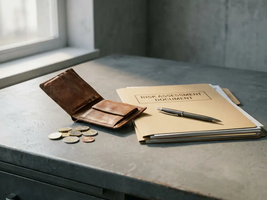 Aufgeklapptes, abgenutztes Lederportemonnaie neben Risikobeurteilungs-Dokument, Stift und Euromünzen auf Industrietisch.