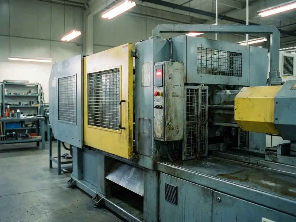 Industriemaschine mit Sicherheitsverkleidungen, gelbem Schutzgitter und rotem Not-Aus-Schalter auf Fabrikboden.