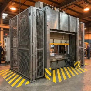 Industriemaschine mit Sicherheitsabdeckungen und verriegelten Metallschutzblechen auf einer Fabrikhalle, warmes Umgebungslicht auf Stahloberflächen.