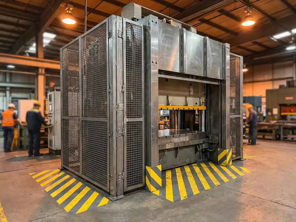 Industriemaschine mit Sicherheitsabdeckungen und verriegelten Metallschutzblechen auf einer Fabrikhalle, warmes Umgebungslicht auf Stahloberflächen.