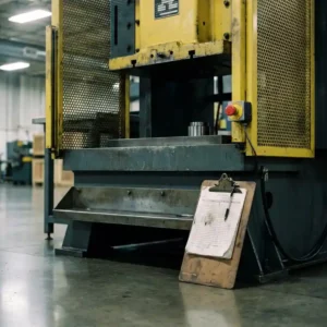 Industriemaschine mit Sicherheitsabdeckungen, Notausknopf und Klemmbrett auf poliertem Fabrikboden in Stahlgrau und Sicherheitsgelb.