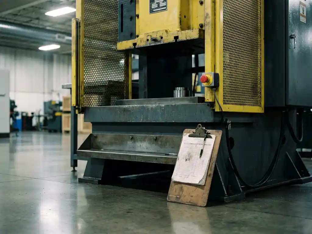 Industriemaschine mit Sicherheitsabdeckungen, Notausknopf und Klemmbrett auf poliertem Fabrikboden in Stahlgrau und Sicherheitsgelb.
