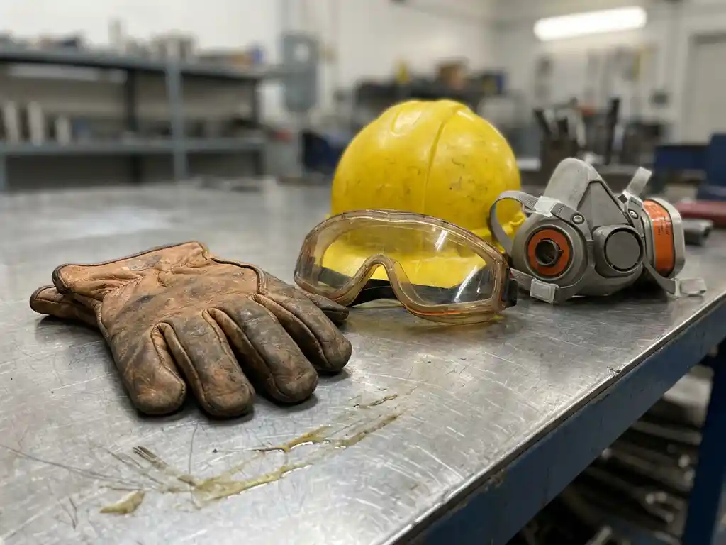 Persönliche Schutzausrüstung auf Stahlwerkbank: Lederhandschuh, Schutzbrille, gelber Schutzhelm und Atemschutzmaske.