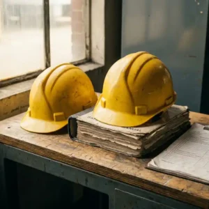 Zwei gelbe Schutzhelme auf einem Werkstattisch neben einem Klemmbrett mit Prüfprotokollen und einem Sicherheitshandbuch.