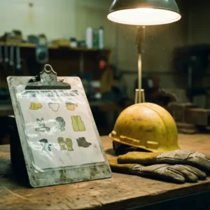 Laminiertes Sicherheitsmerkblatt auf Metallklemmbrett neben gelbem Schutzhelm und Arbeitshandschuhen auf Werkbank.
