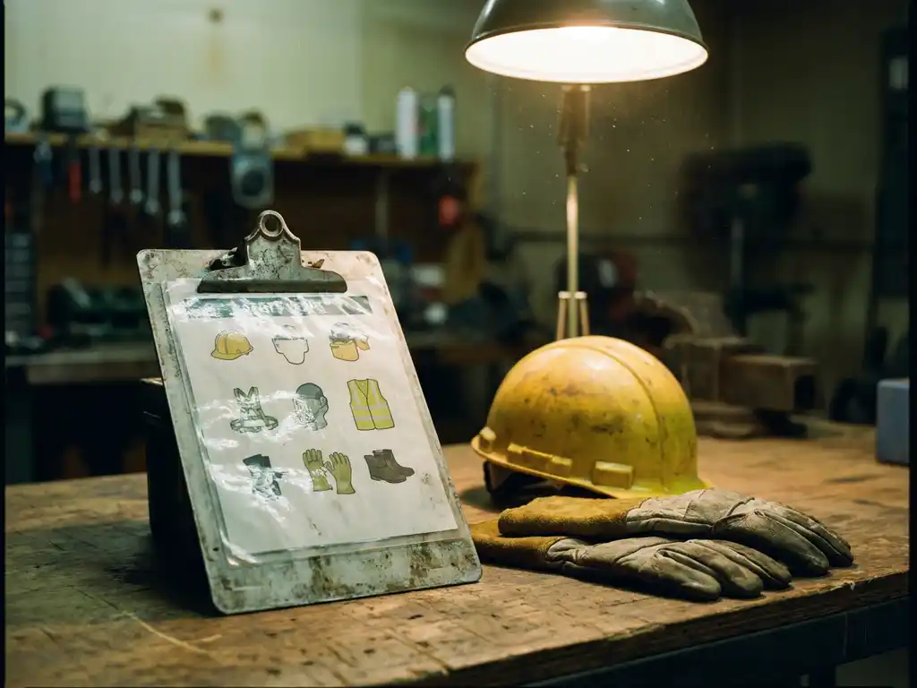 Laminiertes Sicherheitsmerkblatt auf Metallklemmbrett neben gelbem Schutzhelm und Arbeitshandschuhen auf Werkbank.