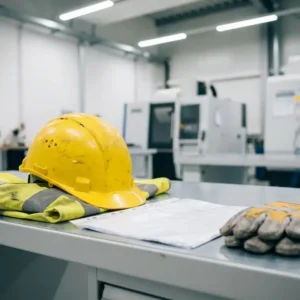 Abgenutzter Schutzhelm und Warnweste auf Werkbank neben gefaltetem Dokument und Schutzhandschuhen in moderner deutscher Industrieanlage.