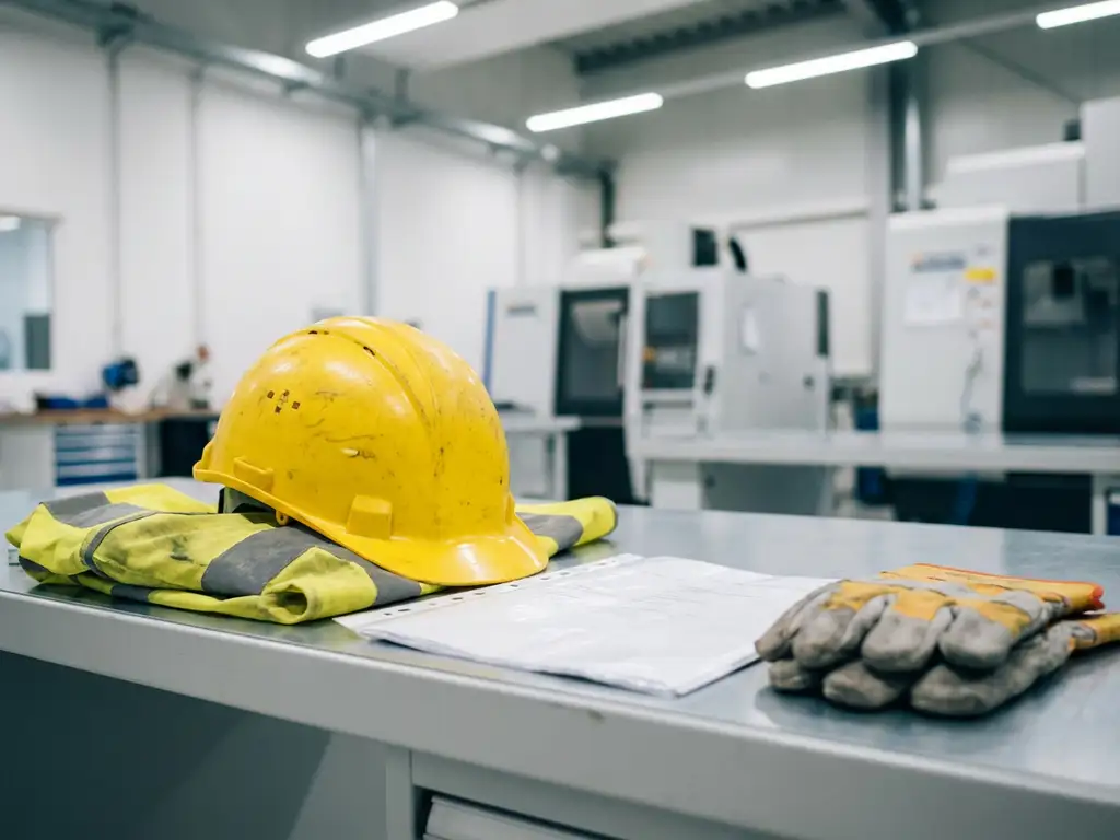 Abgenutzter Schutzhelm und Warnweste auf Werkbank neben gefaltetem Dokument und Schutzhandschuhen in moderner deutscher Industrieanlage.
