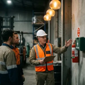 Sicherheitsbeauftragter mit Schutzhelm und Warnweste erklärt Sicherheitsausrüstung an Industrieanlage, Klemmbrett in der Hand.