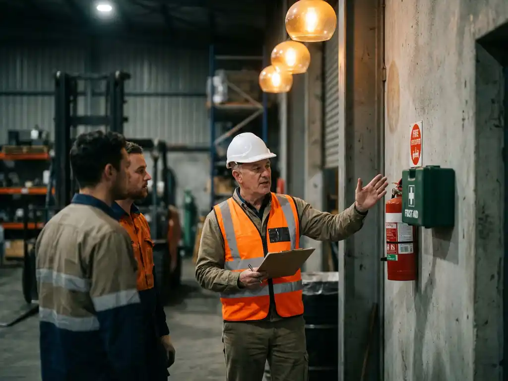 Sicherheitsbeauftragter mit Schutzhelm und Warnweste erklärt Sicherheitsausrüstung an Industrieanlage, Klemmbrett in der Hand.
