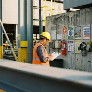 Sicherheitsbeauftragter mit Schutzhelm und Warnweste prüft Compliance-Checkliste auf Klemmbrett an industriellem Arbeitsplatz.