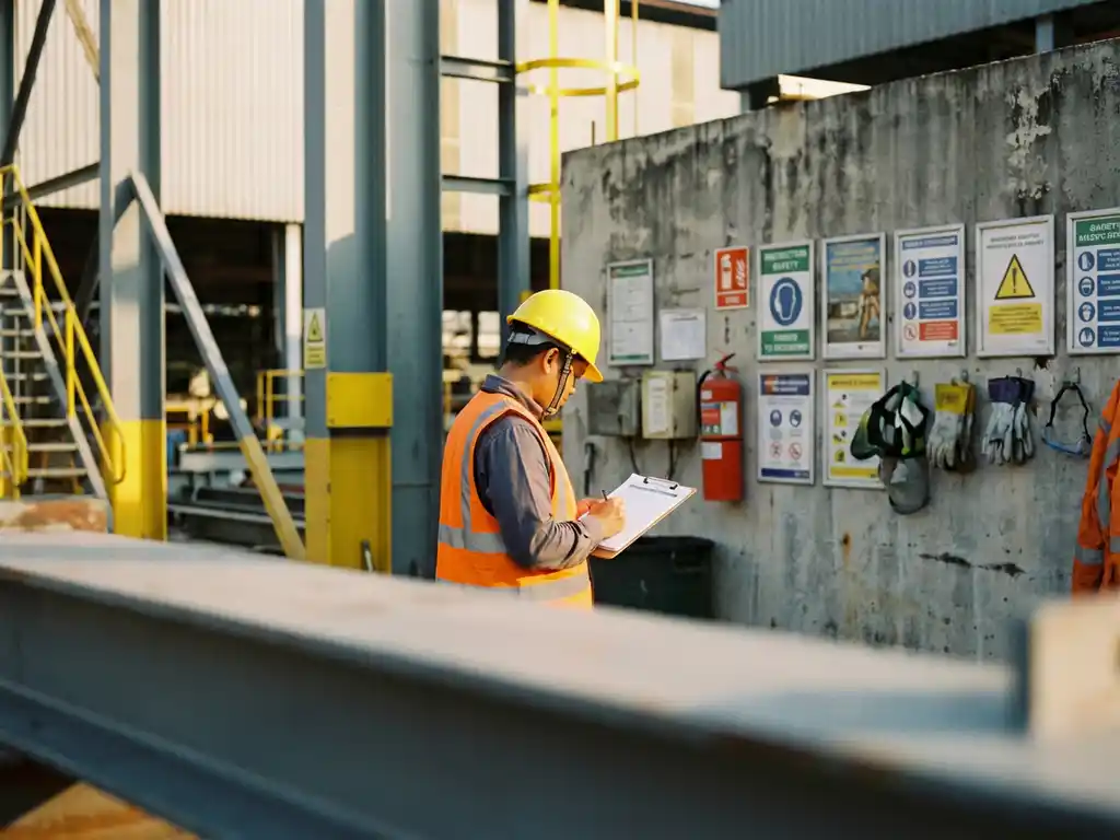 Sicherheitsbeauftragter mit Schutzhelm und Warnweste prüft Compliance-Checkliste auf Klemmbrett an industriellem Arbeitsplatz.