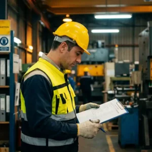 Sicherheitsbeauftragter mit Schutzhelm und Warnweste prüft Checkliste auf Klemmbrett in aktiver Industriehalle.