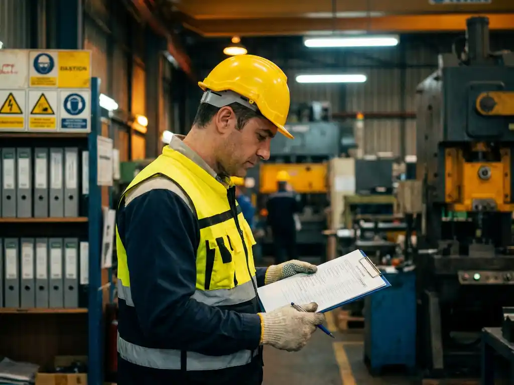 Sicherheitsbeauftragter mit Schutzhelm und Warnweste prüft Checkliste auf Klemmbrett in aktiver Industriehalle.