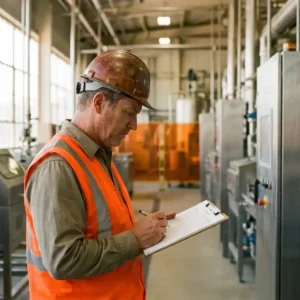 Sicherheitsbeauftragter mit Schutzhelm und Warnweste prüft Checkliste auf Klemmbrett in moderner Industrieanlage.
