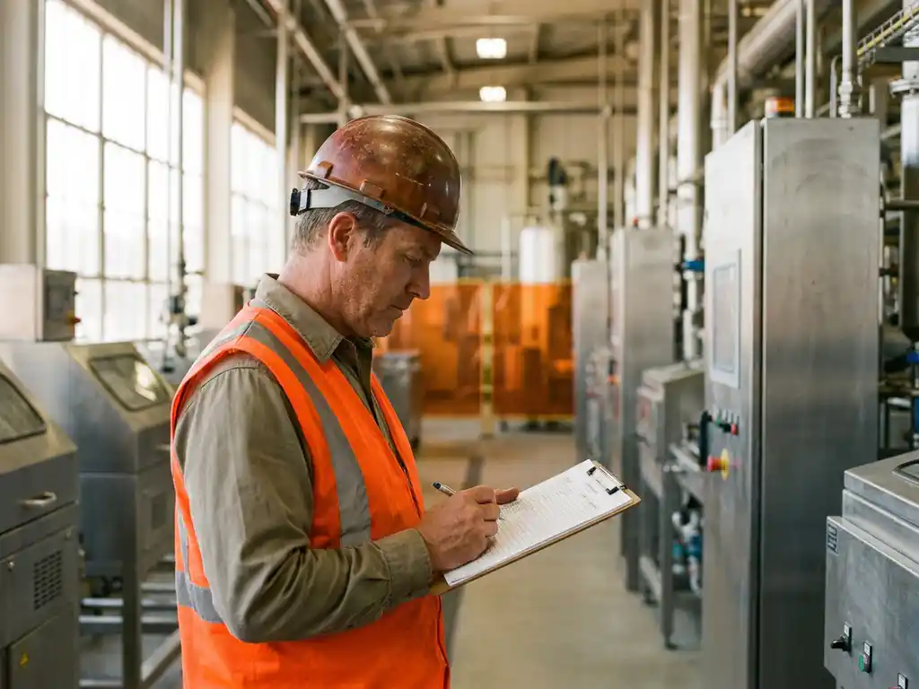 Sicherheitsbeauftragter mit Schutzhelm und Warnweste prüft Checkliste auf Klemmbrett in moderner Industrieanlage.