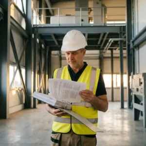 Sicherheitsbeauftragter mit Schutzhelm und Warnweste prüft Compliance-Dokument auf Klemmbrett in moderner Industrieanlage.