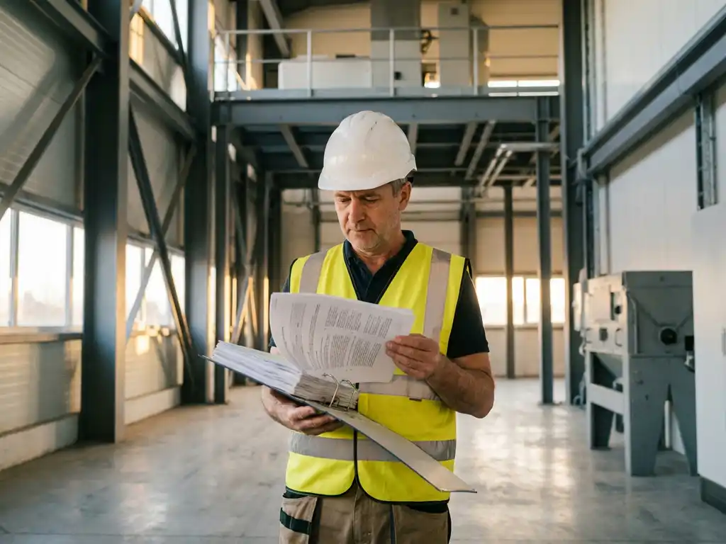 Sicherheitsbeauftragter mit Schutzhelm und Warnweste prüft Compliance-Dokument auf Klemmbrett in moderner Industrieanlage.
