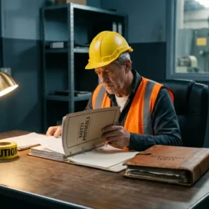 Sicherheitsbeauftragter mit Schutzhelm und Warnweste prüft Compliance-Dokument an Industriearbeitsplatz mit Absperrband und Rechtsordner.