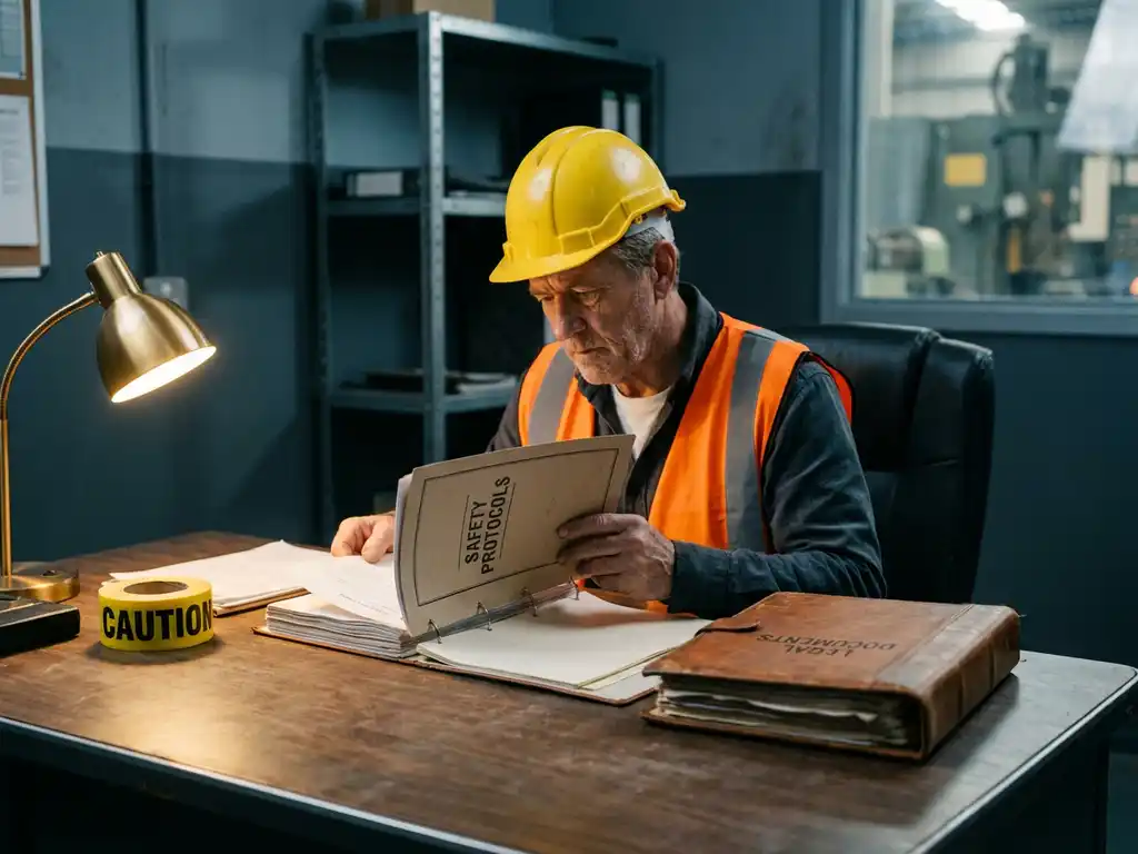 Sicherheitsbeauftragter mit Schutzhelm und Warnweste prüft Compliance-Dokument an Industriearbeitsplatz mit Absperrband und Rechtsordner.
